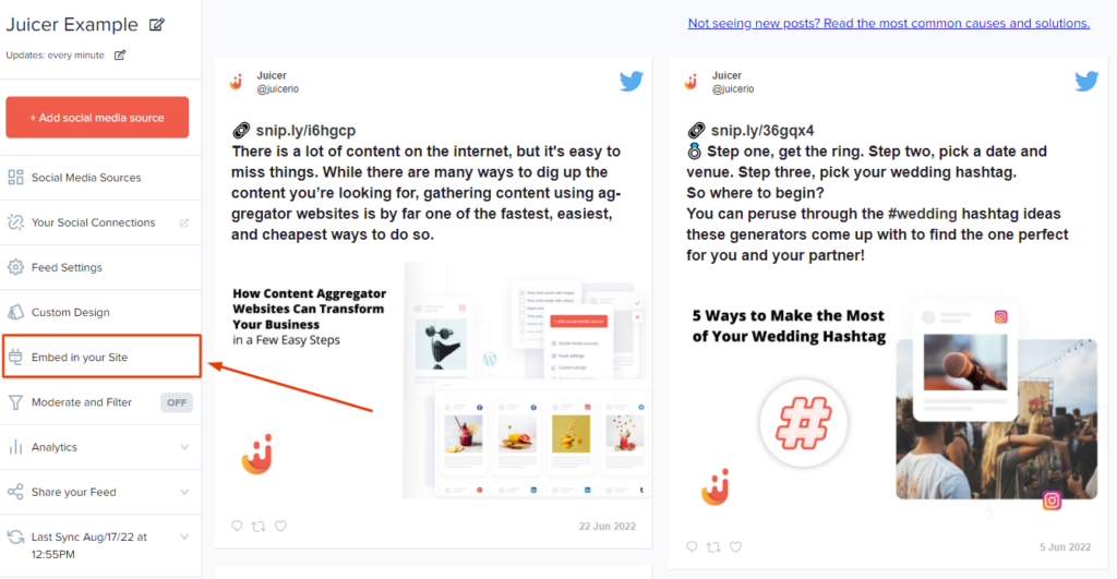 Juicer's embed twitter feed for website step 4