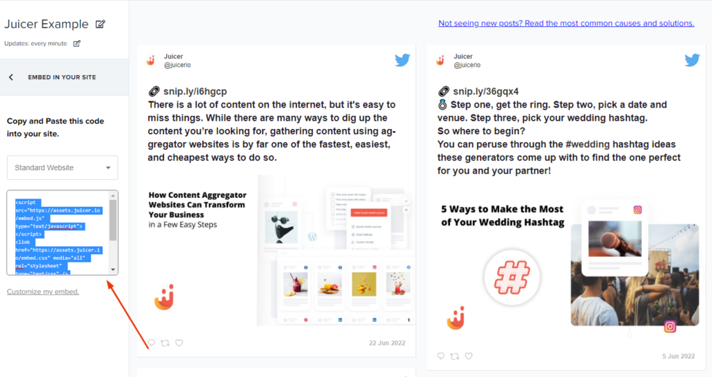 Juicer's embed twitter feed for website step 5