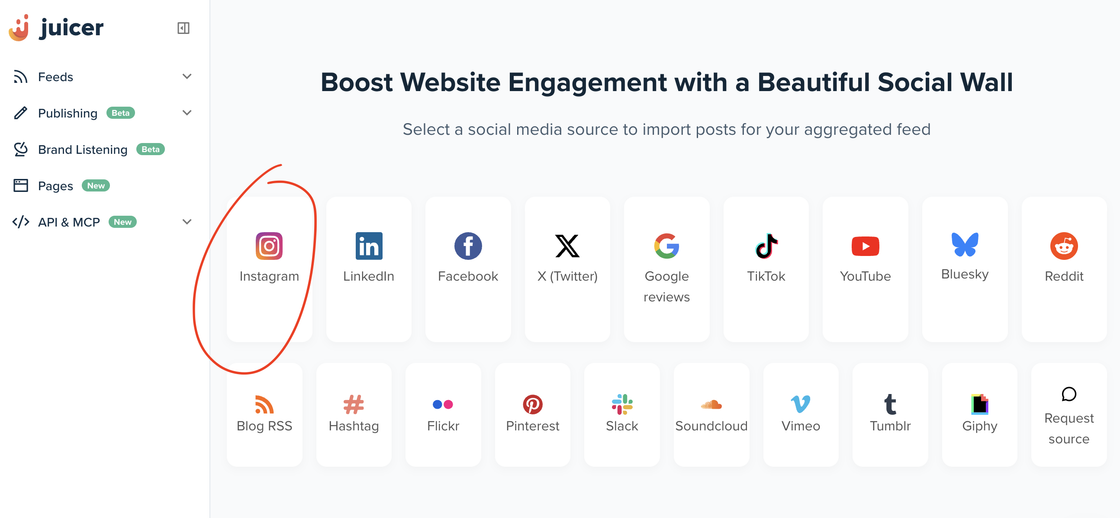 select a social media source to import posts for your aggregated feed