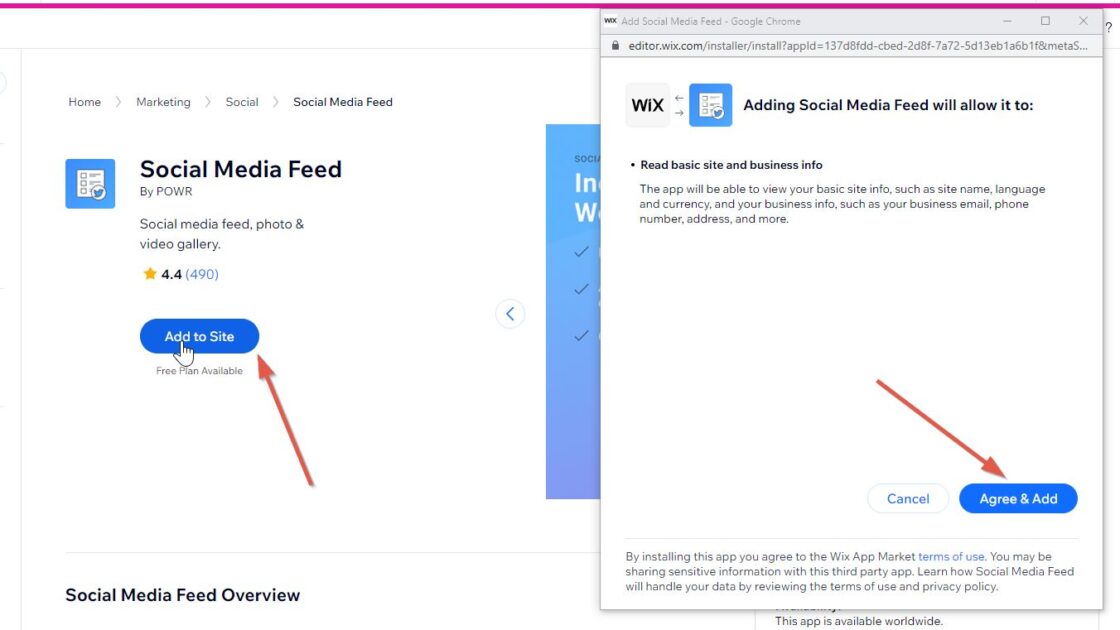 add social media stream using wix app market step 3