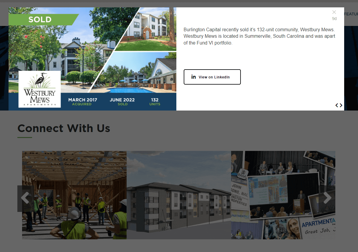 Example: Burlington Capital, a real estate investment company using LinkedIn feed on their website