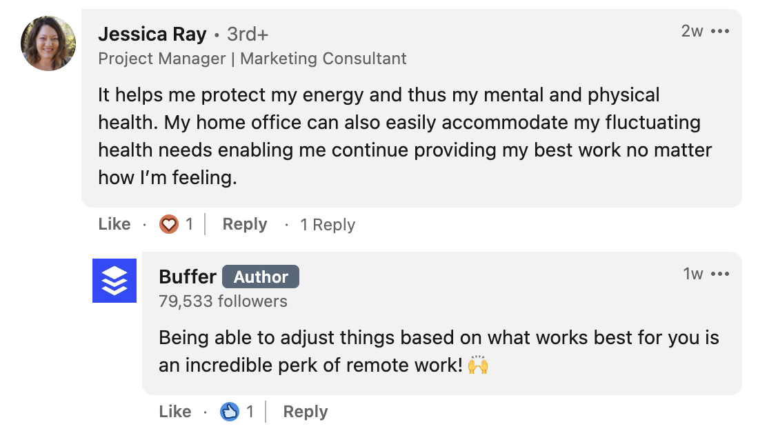 how Buffer responds to most of the comments on its LinkedIn poll example
