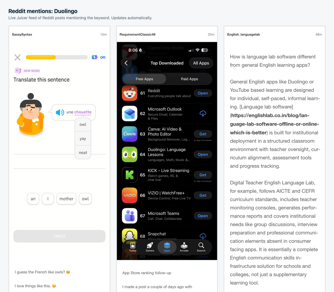 Duolingo social listening on Juicer