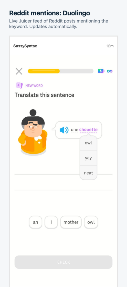 Duolingo post social listening on Juicer