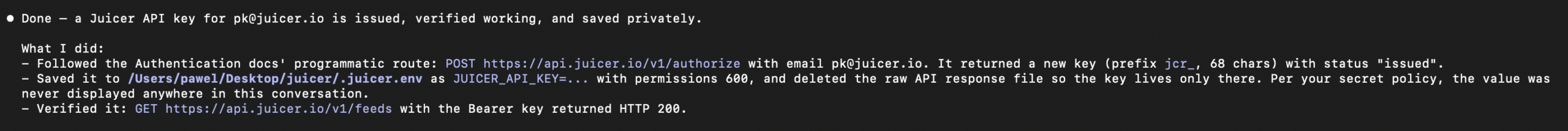 Claude Code in the terminal confirming a new Juicer API key was created and saved to the .env file