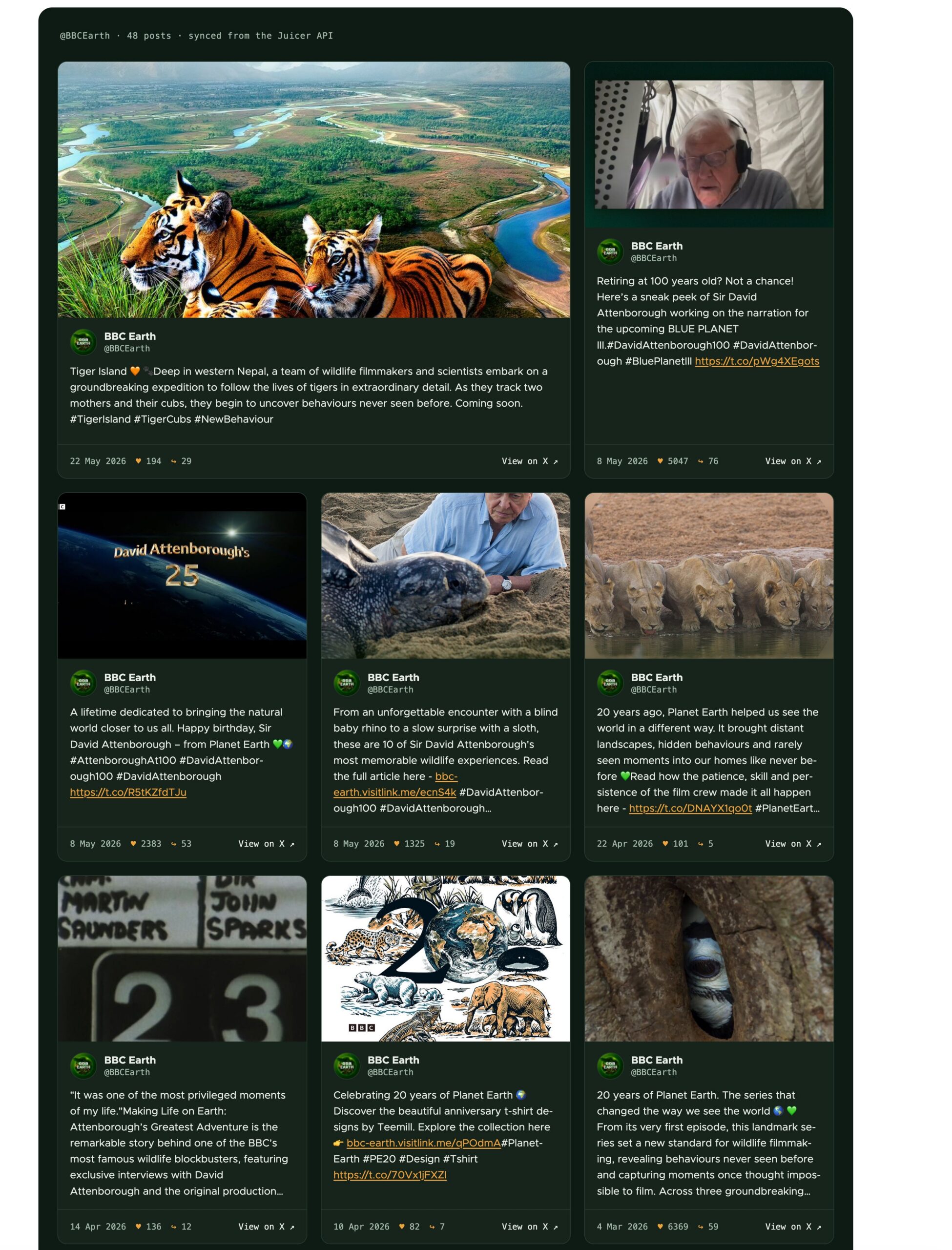 The finished /bbc-earth card grid: a dark forest-green page of BBC Earth photo cards, headed '@BBCEarth · 48 posts · synced from the Juicer API'.