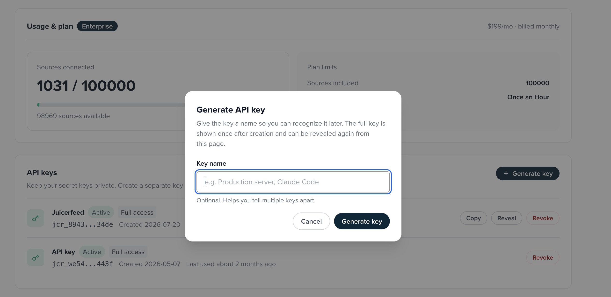 The Juicer dashboard API page with the 'Generate API key' dialog open and a list of existing API keys.