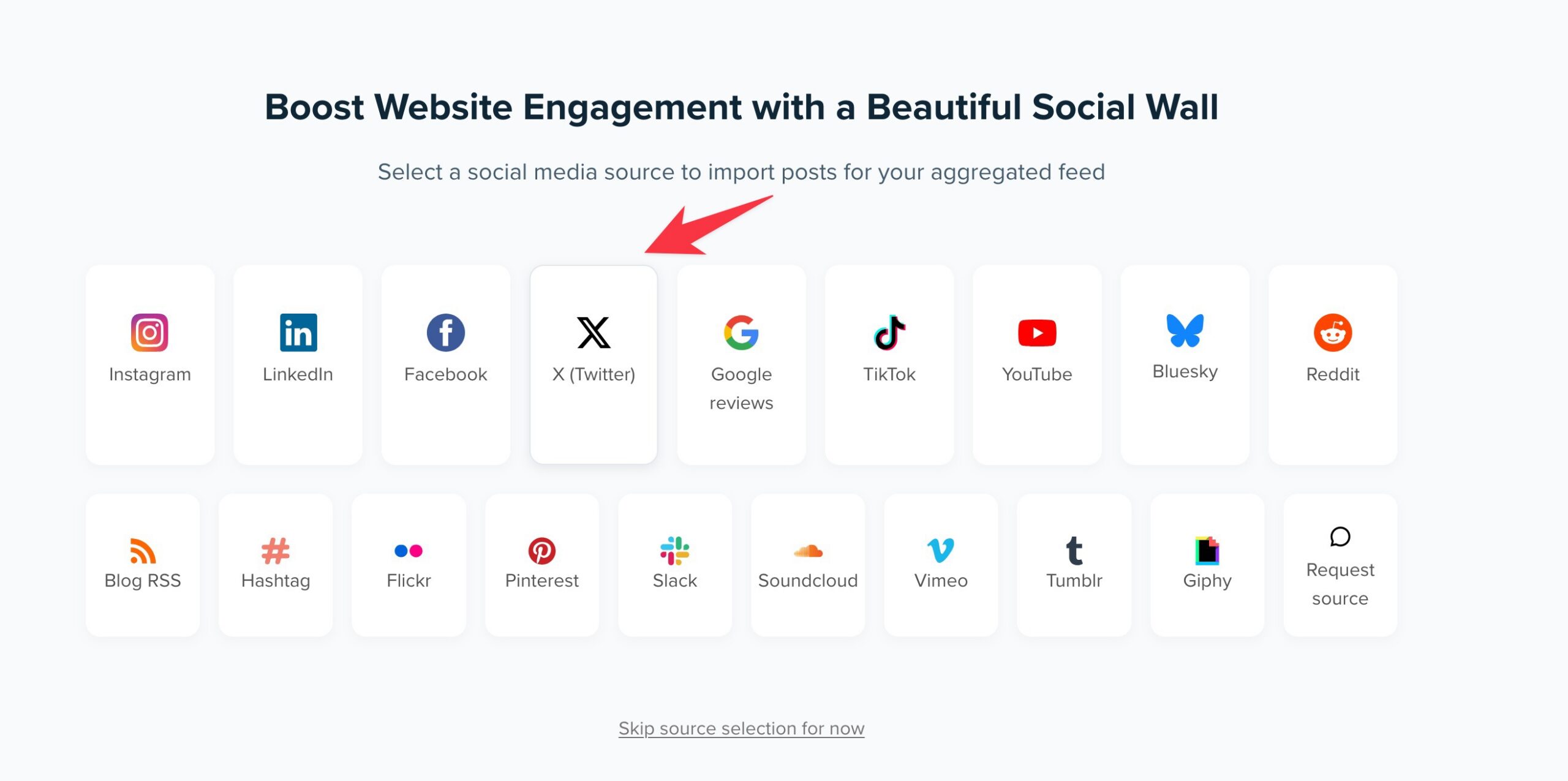 Juicer dashboard: creating a new feed and choosing X (Twitter) as the source type.