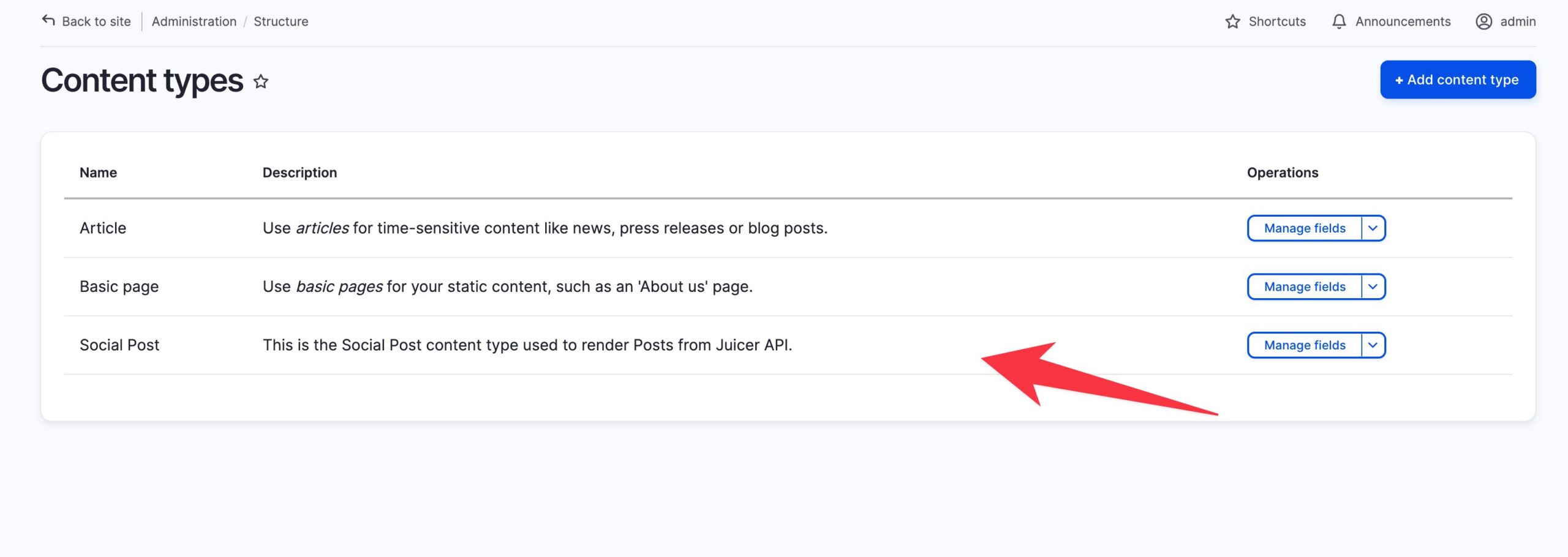 Drupal 'Add content type' admin form for the Social Post content type.