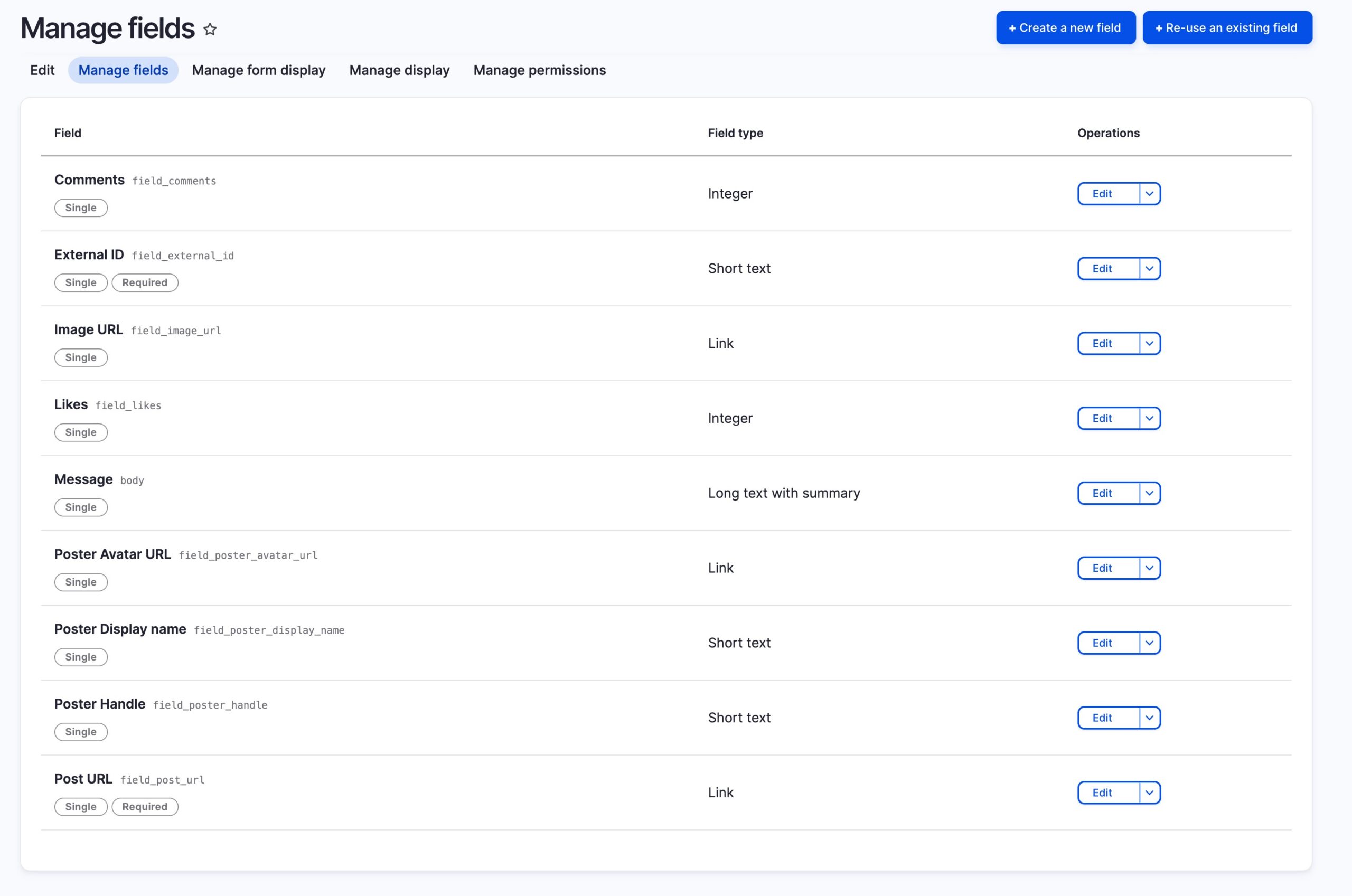 Drupal 'Manage fields' screen listing the fields added to the Social Post content type.