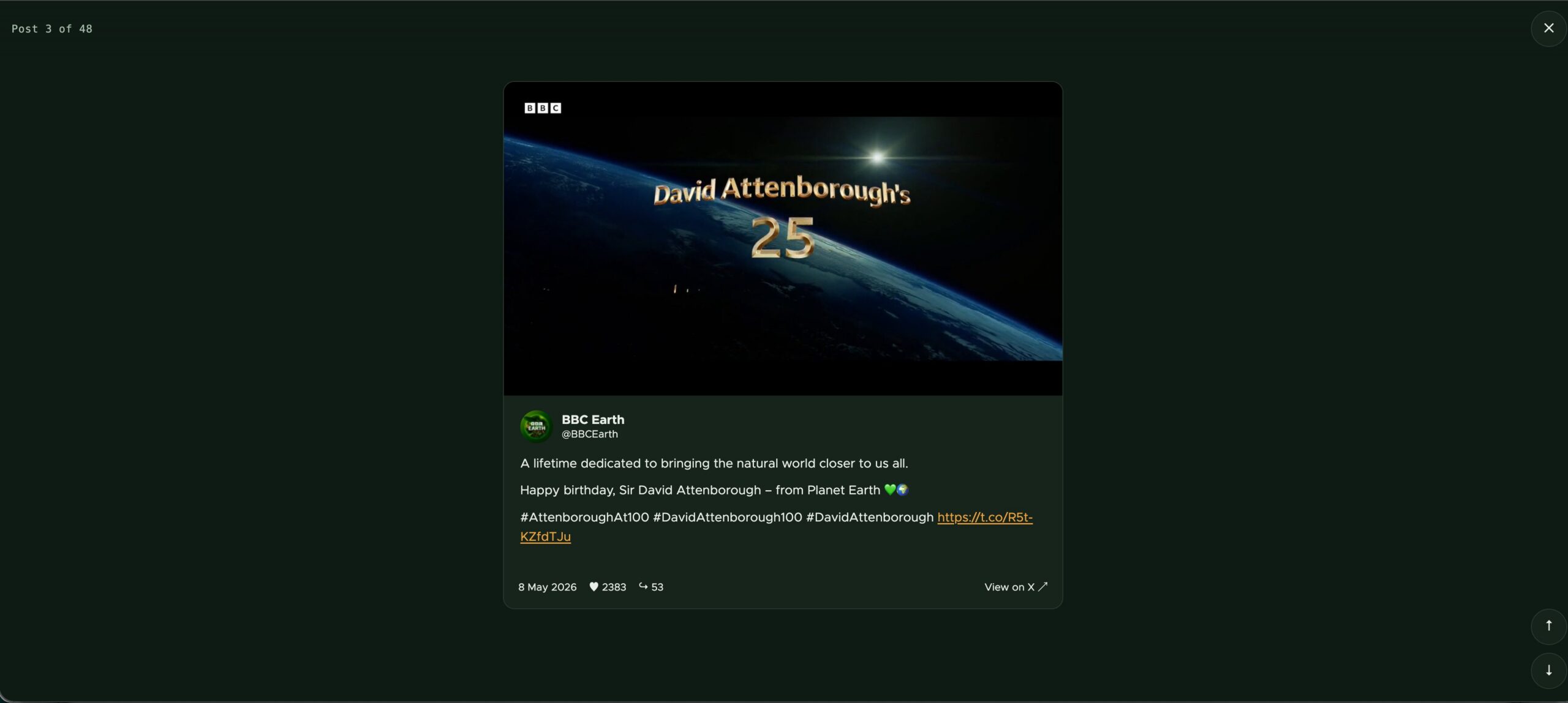 The full-screen post viewer: a single BBC Earth photo post filling the screen.