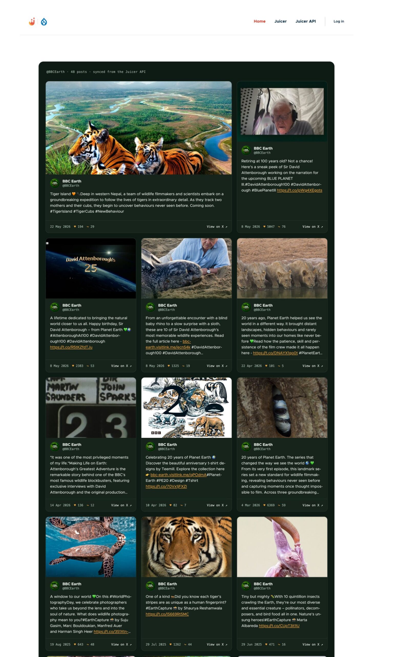 The finished, themed juicerfeed site rendered with the juicer_social subtheme.