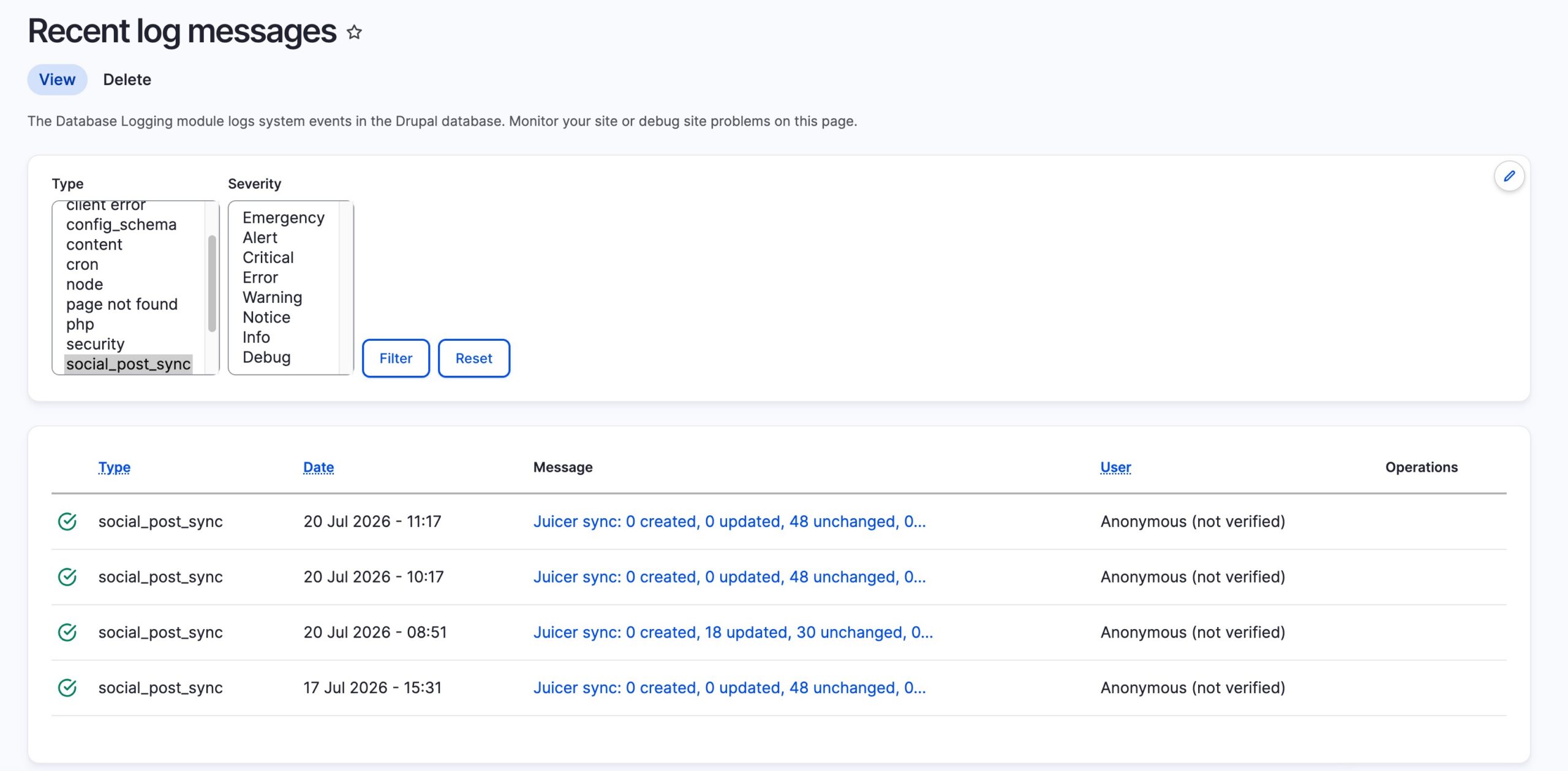Drupal watchdog log showing the hourly Juicer sync entries.