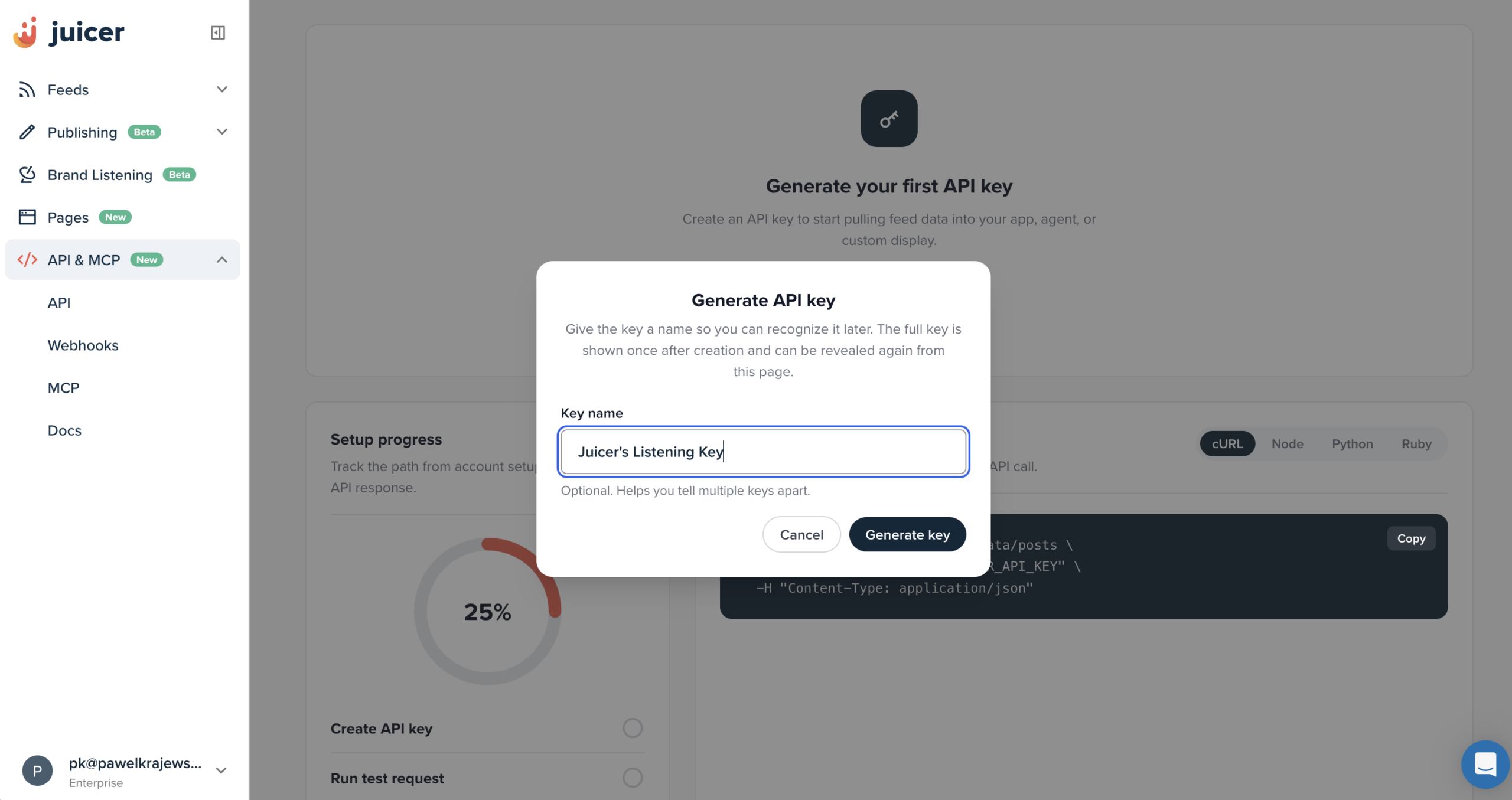 Generating a new API key in the Juicer dashboard, on the API and MCP page