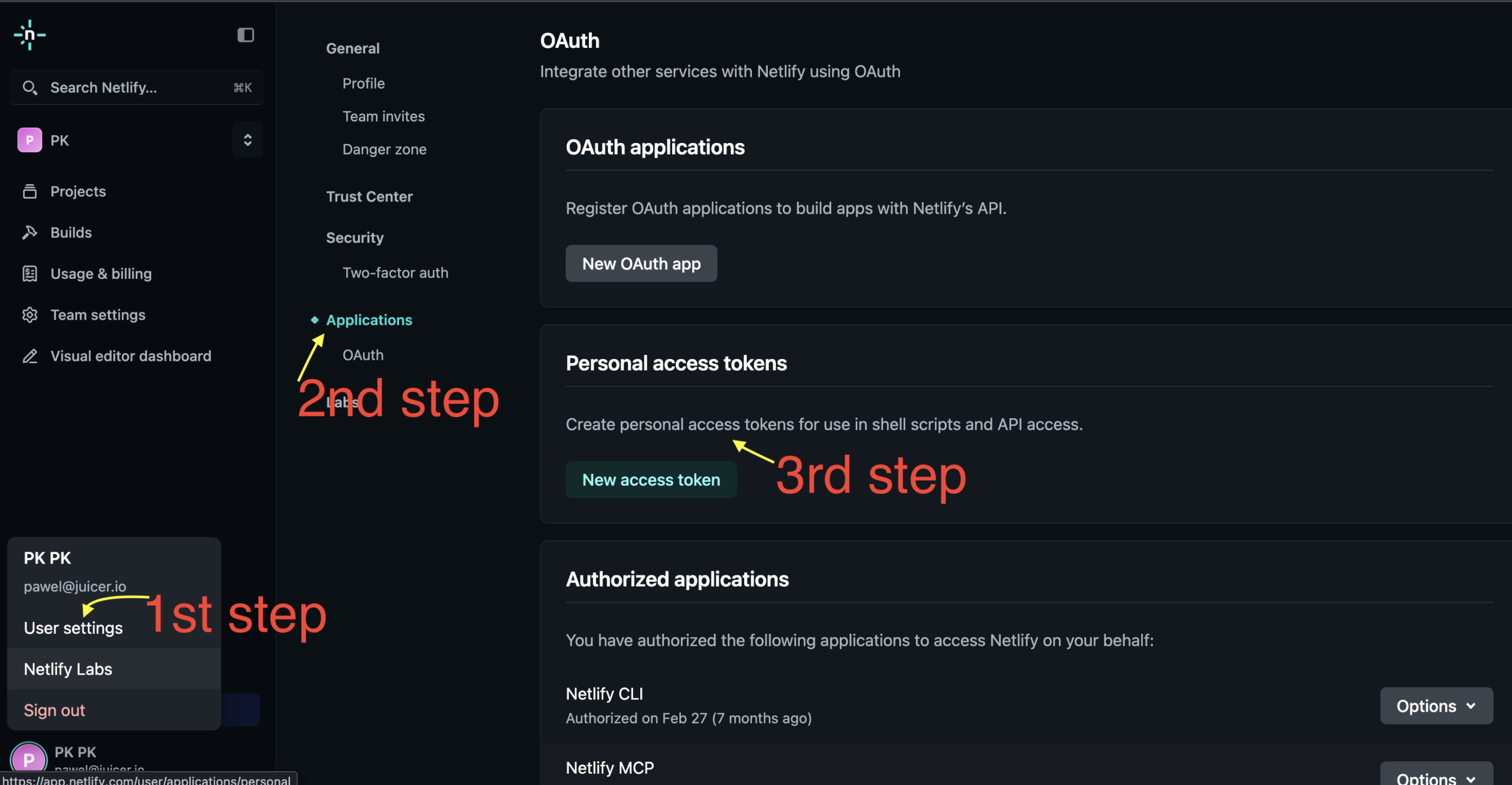 The Netlify user settings page, with arrows pointing to Applications and the New access token button